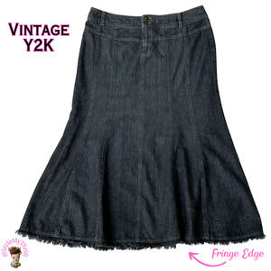 Vintage Y2K  Black Denim Fluted Skirt Fringe ShabbyChic Retro StreetStyle Modest